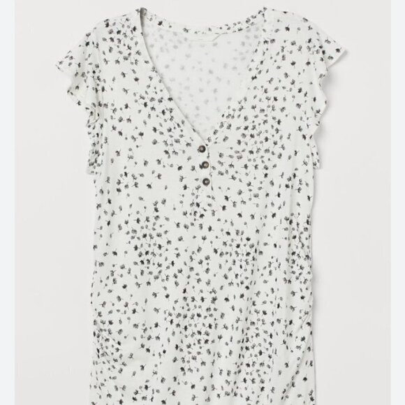 H&M Mama Women's Maternity Size S Short Flutter Sleeve V Neck White Floral Shirt - Picture 1 of 10
